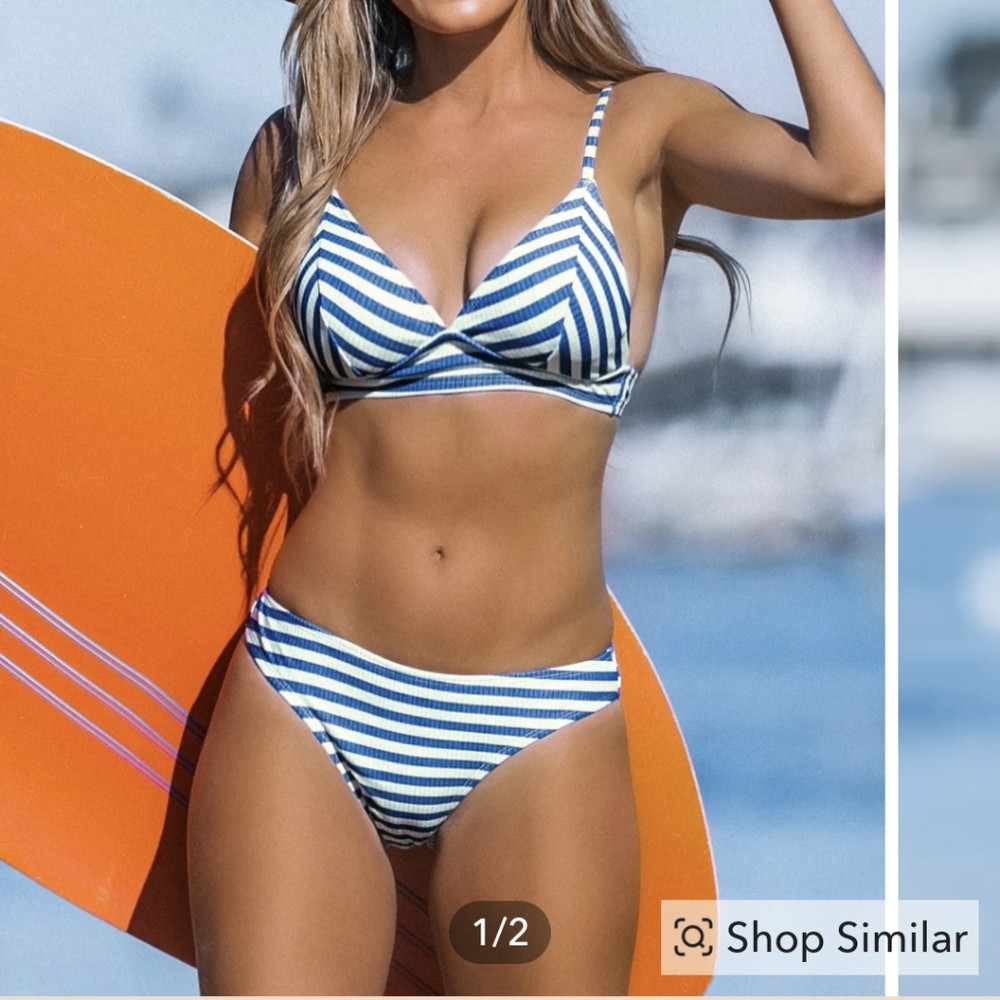 Cupshe Blue and White Bikini with Nautical Stripes